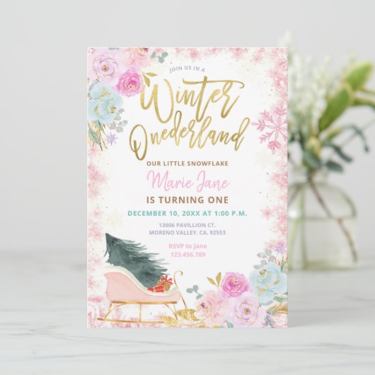 Modern Pink Winter Onederland Birthday Uitnodiging (Staand voorkant)