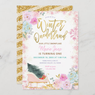 Modern Pink Winter Onederland Birthday Uitnodiging