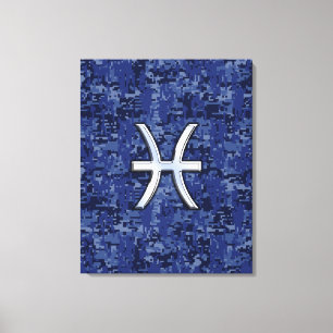 Modern Pisces Zodiac Sign Navy Blue Digital Camo Canvas Afdruk