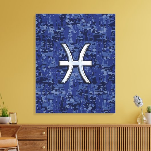 Modern Pisces Zodiac Sign Navy Blue Digital Camo Canvas Afdruk (Insitu (Woonkamer))