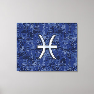 Modern Pisces Zodiac Sign Navy Blue Digital Camo Canvas Afdruk
