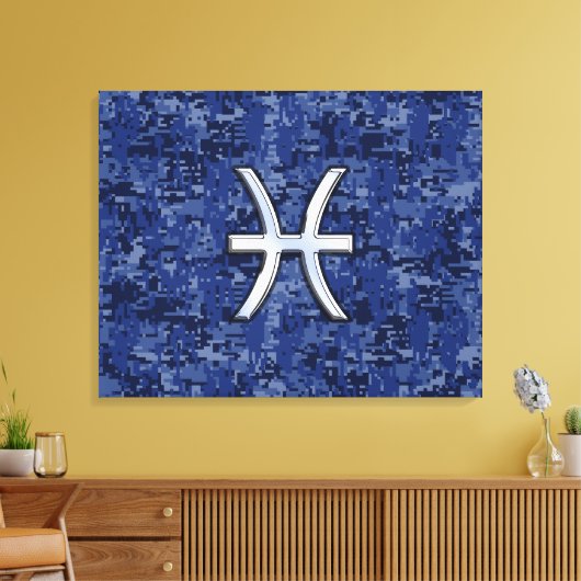 Modern Pisces Zodiac Sign Navy Blue Digital Camo Canvas Afdruk (Insitu (Woonkamer))