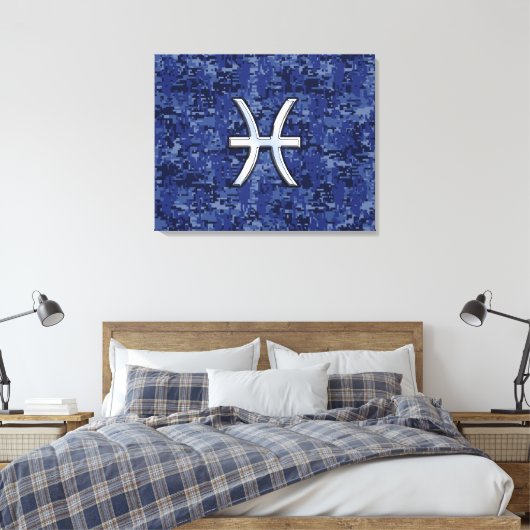 Modern Pisces Zodiac Sign Navy Blue Digital Camo Canvas Afdruk (Insitu (Slaapkamer))