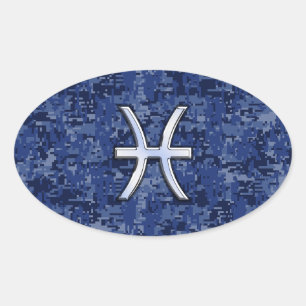 Modern Pisces Zodiac Sign Navy Blue Digital Camo Ovale Sticker