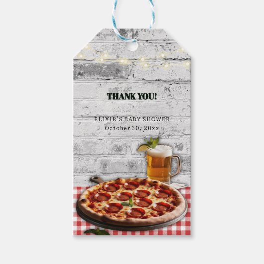 Modern Pizza + Bierstenen Baby shower Cadeaulabel (Voorkant)