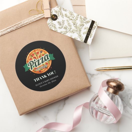 Modern Pizza Party Baby shower Ronde Sticker (Geschenken)