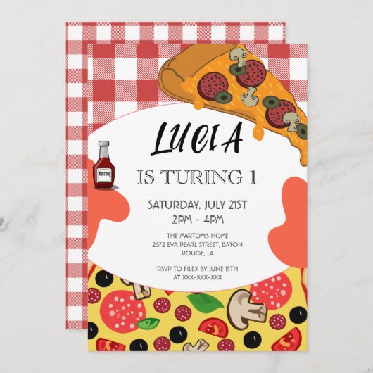 Modern Pizza Slice 1st Birthday Uitnodiging (Voorkant / Achterkant)