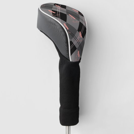 Modern Plaid Monogram Grijs Zwart Roze Golfheadcover (Schuin)