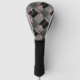Modern Plaid Monogram Grijs Zwart Roze Golfheadcover