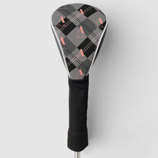 Modern Plaid Monogram Grijs Zwart Roze Golfheadcover (Voorkant)