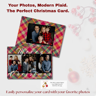 Modern Plaid Tartan 4 Photo Christmas Holiday Card Feestdagenkaart