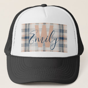 Modern Plaid Tartan Blue Cream Monogram Trucker Pet