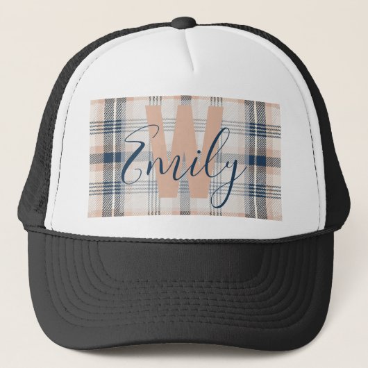 Modern Plaid Tartan Blue Cream Monogram Trucker Pet (Voorkant)