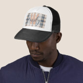 Modern Plaid Tartan Blue Cream Monogram Trucker Pet (In situ)