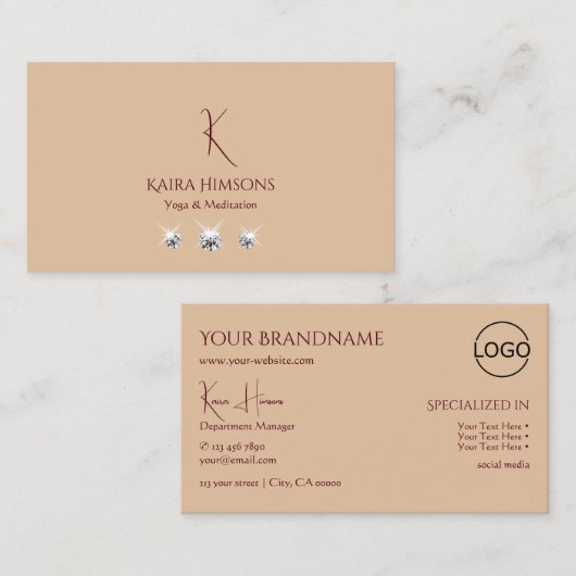 Modern Plain Beige met Monogram Logo en juwelen Visitekaartje (Voorkant / Achterkant)