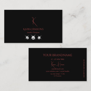 Modern Plain Black met monogram en diamanten Visitekaartje