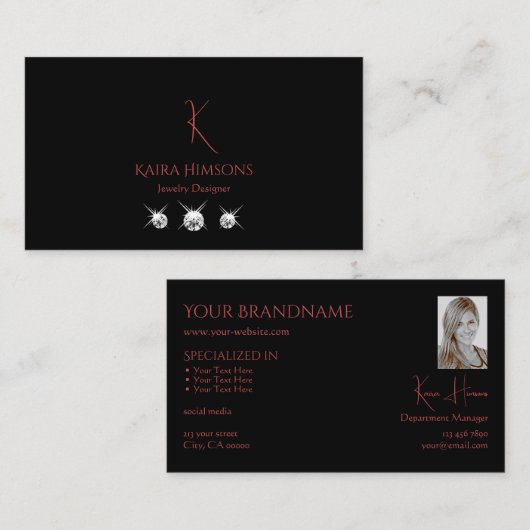 Modern Plain Black met Monogram Foto's en diamante Visitekaartje (Voorkant / Achterkant)
