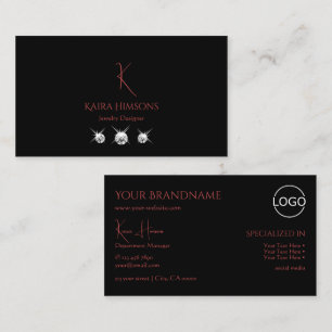 Modern Plain Black met Monogram Logo en diamanten Visitekaartje
