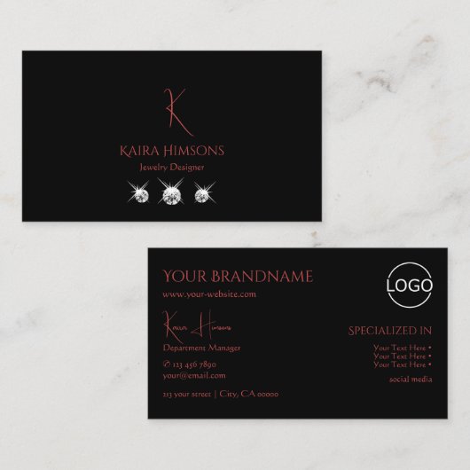 Modern Plain Black met Monogram Logo en diamanten Visitekaartje (Voorkant / Achterkant)