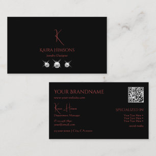 Modern Plain Black met monogram QRCode & Diamonds Visitekaartje