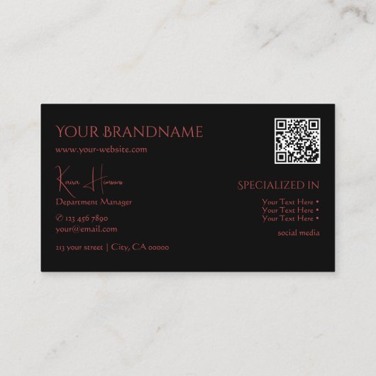 Modern Plain Black met monogram QRCode & Diamonds Visitekaartje (Achterkant)