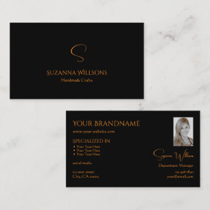 Modern Plain Black Sinaasappel met monogram en fot Visitekaartje