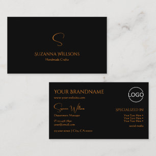 Modern Plain Black Sinaasappel met monogram en Log Visitekaartje