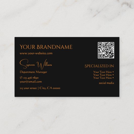 Modern Plain Black Sinaasappel met monogram QR-cod Visitekaartje (Achterkant)
