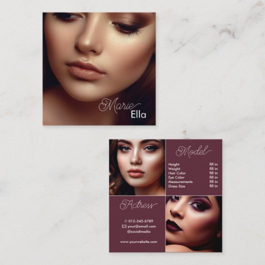 Modern Plain Bourgogne Comp Kaart Fotosjabloon Vierkante Visitekaartje (Voorkant / Achterkant)