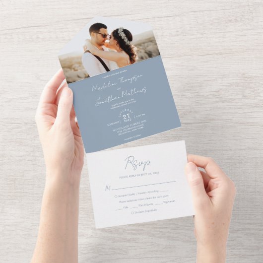 Modern Plain Dusty Blue Foto Rsvp Wedding All In One Uitnodiging (Afscheurbaar)