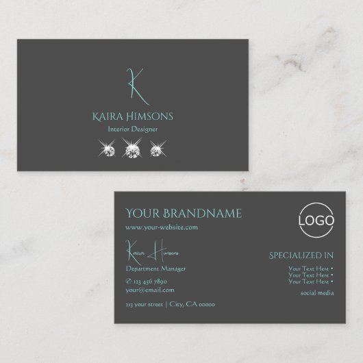 Modern Plain Grey met Monogram Logo en juwelen Visitekaartje (Voorkant / Achterkant)