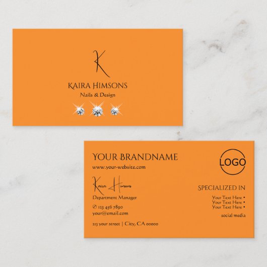 Modern Plain Oranje met monogram Logo en juwelen Visitekaartje (Voorkant / Achterkant)