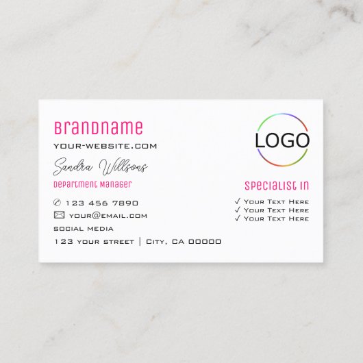 Modern Plain Pink White met monogram en Logo Visitekaartje (Achterkant)