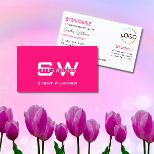 Modern Plain Pink White met monogram en Logo Visitekaartje