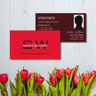 Modern Plain Red Burgundy met Monogram en Foto Visitekaartje