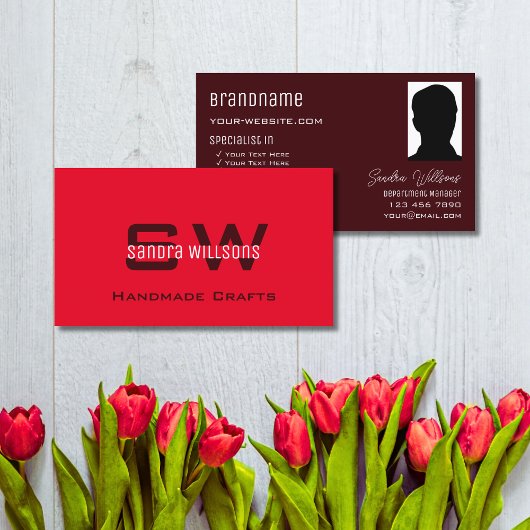 Modern Plain Red Burgundy met Monogram en Foto Visitekaartje