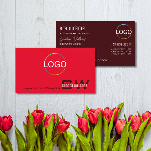 Modern Plain Red Burgundy met Monogram en Logo Visitekaartje