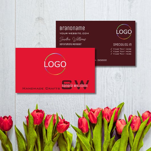 Modern Plain Red Burgundy met Monogram en Logo Visitekaartje