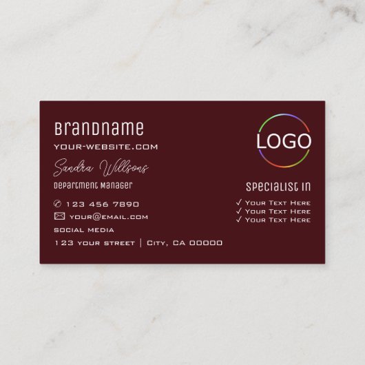 Modern Plain Red Burgundy met Monogram en Logo Visitekaartje (Achterkant)