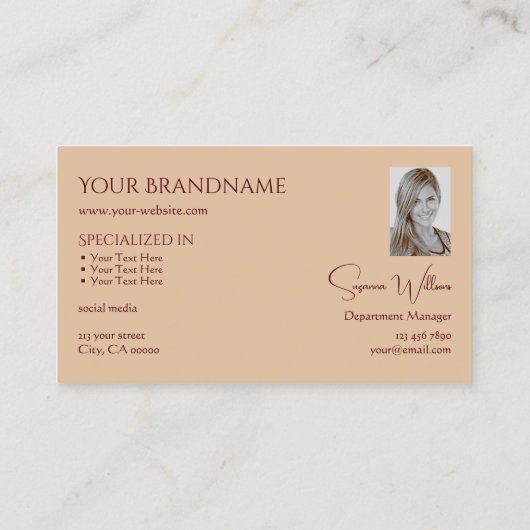 Modern Plain Tan Beige met Monogram en Foto Visitekaartje (Achterkant)