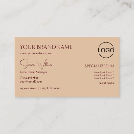 Modern Plain Tan Beige met monogram en Logo Chic Visitekaartje (Achterkant)