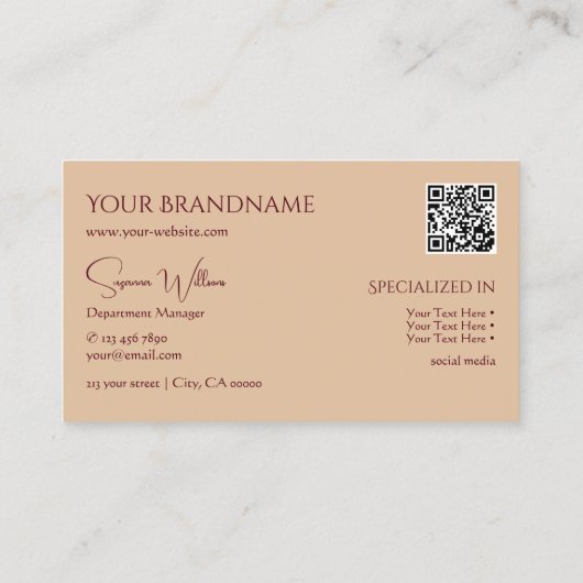 Modern Plain Tan Beige met Monogram- en QR-code Visitekaartje (Achterkant)