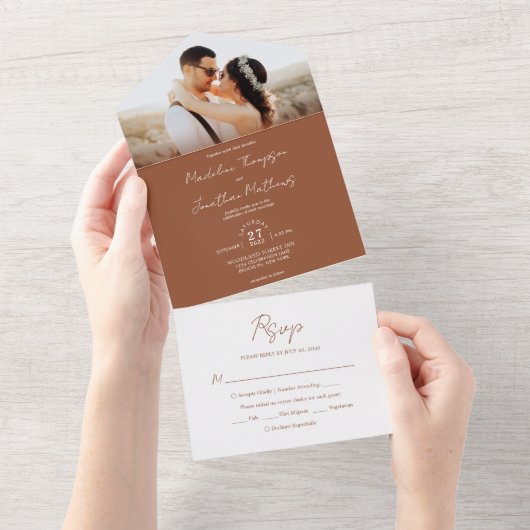 Modern Plain Terracotta Foto Rsvp Wedding All In One Uitnodiging (Afscheurbaar)