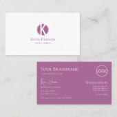 Modern Plain White, Lila met monogram en Logo Visitekaartje (Voorkant / Achterkant)
