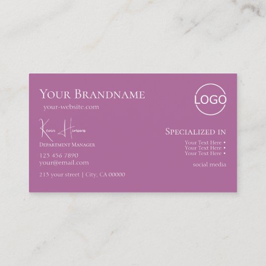 Modern Plain White, Lila met monogram en Logo Visitekaartje (Achterkant)