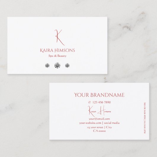 Modern Plain White met Monogram en Diamonds Chic Visitekaartje (Voorkant / Achterkant)