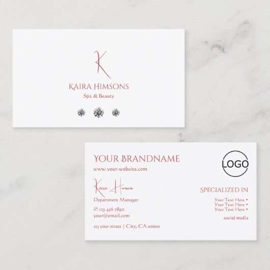 Modern Plain White met Monogram Logo en diamanten Visitekaartje (Voorkant / Achterkant)