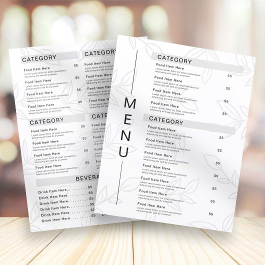 Modern Plant Leaf Black & White Restaurant Menu