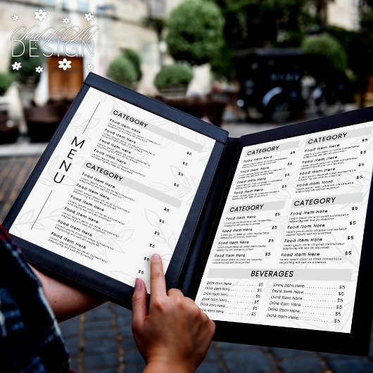 Modern Plant Leaf Black & White Restaurant Menu