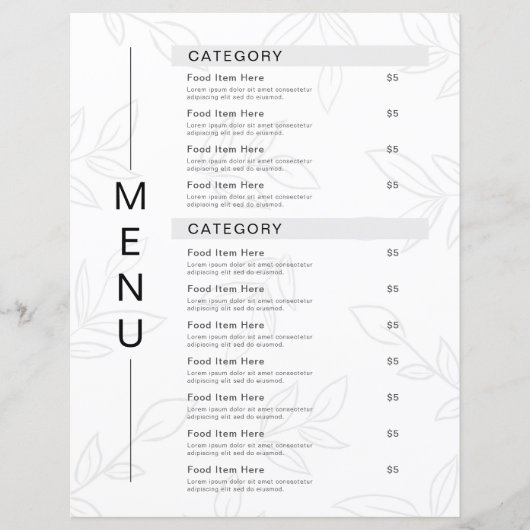 Modern Plant Leaf Black & White Restaurant Menu (Voorkant)